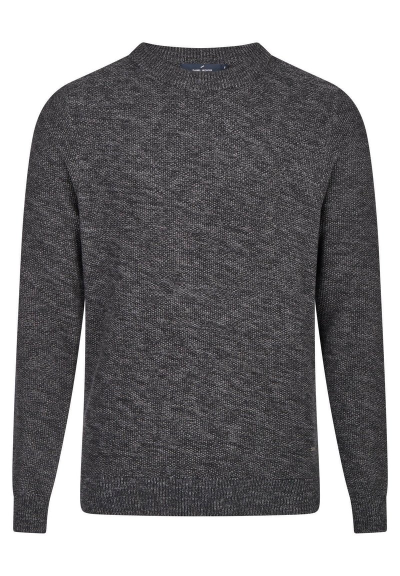 Grå stickad tröja med rund halsringning, texturerat mönster och långa ärmar. Har ribbade mudd och nederkant med en avslappnad passform.
