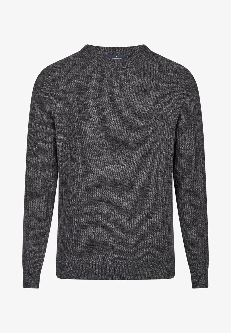 Grå stickad tröja med rund halsringning, texturerat mönster och långa ärmar. Har ribbade mudd och nederkant med en avslappnad passform.