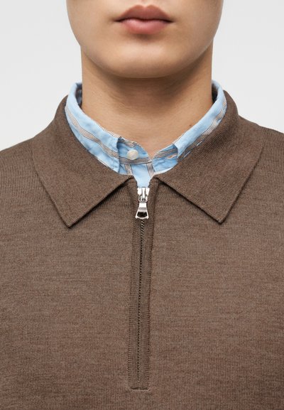 Κοντινό πλάνο κάτω μέρους προσώπου και λαιμού με καφέ πουλόβερ με φερμουάρ πάνω από ανοιχτό μπλε πουκάμισο με ρίγες και γιακά.