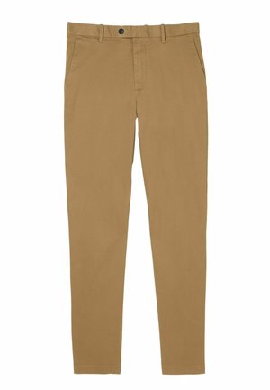 Khaki-colored trousers made from a soft fabric, featuring a classic design, standard waist, front pockets, and a zip fly with button closure.