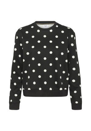 Černá mikina s velkými bílými puntíky, kulatým výstřihem, dlouhými rukávy a žebrovanými manžetami a lemem pro lepší strukturu a přilnutí.