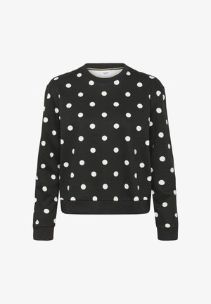 Sort sweatshirt med store hvide polkaprikker, rund halsudskæring, lange ærmer og ribbede manchetter og kant for ekstra tekstur og pasform.