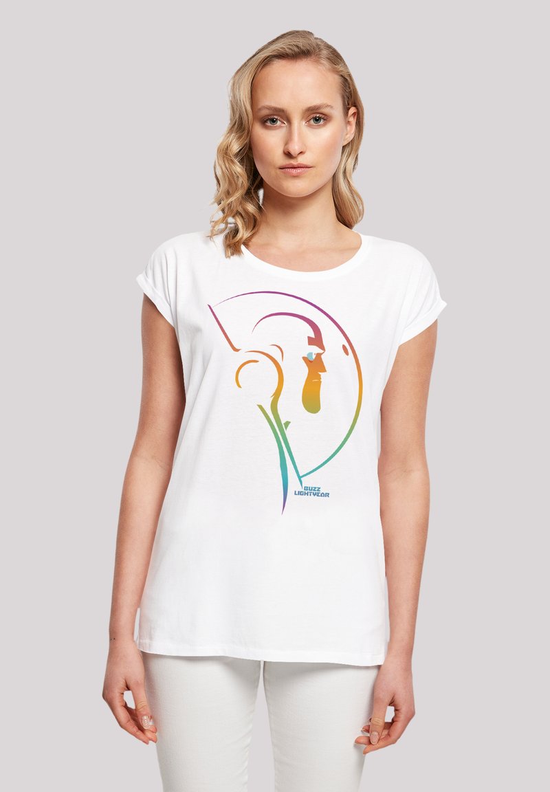 White cotton t-shirt featuring a colorful, abstract graphic design with a profile illustration and the text "BUZZ LIGHTWEAR" at the bottom.