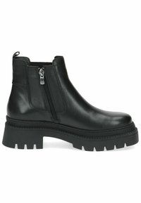 Black leather ankle boots with a side zipper, chunky rubber sole, round toe, and textured accents. Features a pull tab at the back.