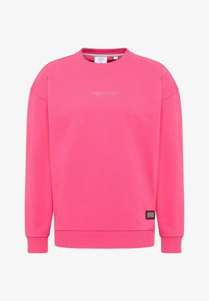 Rožinė džemperis su apykakle. Yra pintos rankovių ir apatinio krašto detalės, siuvinėtas prekių ženklas priekyje ir mažas logotipo ženkliukas šone.