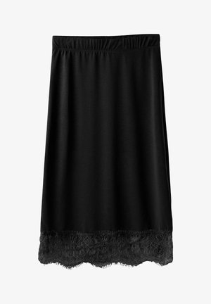 Sort nederdel med en glat topdel og en blondekant forneden med en bølget kant. Elastisk taljebånd for komfort. Blød stoftekstur.