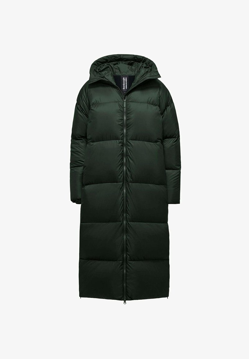 Długi, ocieplany płaszcz w ciemnozielonym kolorze z kapturem. Posiada centralny zamek, pikowane sekcje i proste rękawy. Gładka faktura.