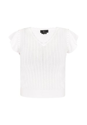 Weißes gestricktes Oberteil mit V-Ausschnitt, gerippter Textur und kurzen, rüschengesäumten Ärmeln. Auffällige Details sind vertikale Streifen und gewellte Kanten.