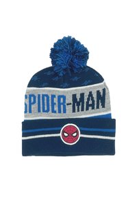 Blue and gray knit beanie featuring a large pom pom, "SPIDER-MAN" lettering, and a circular Spider-Man logo on the front.