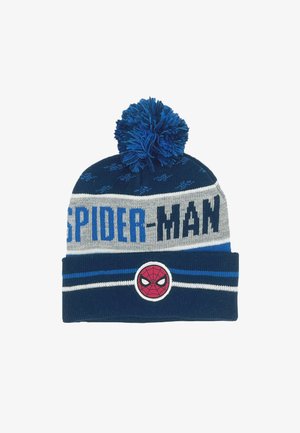Blaue und graue Strickmütze mit einem großen Bommel, "SPIDER-MAN" Schriftzug und einem runden Spider-Man-Logo auf der Vorderseite.