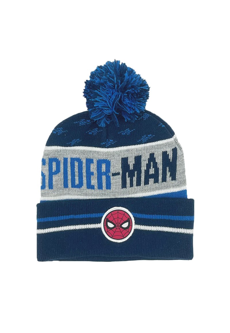 Blue and gray knit beanie featuring a large pom pom, "SPIDER-MAN" lettering, and a circular Spider-Man logo on the front.