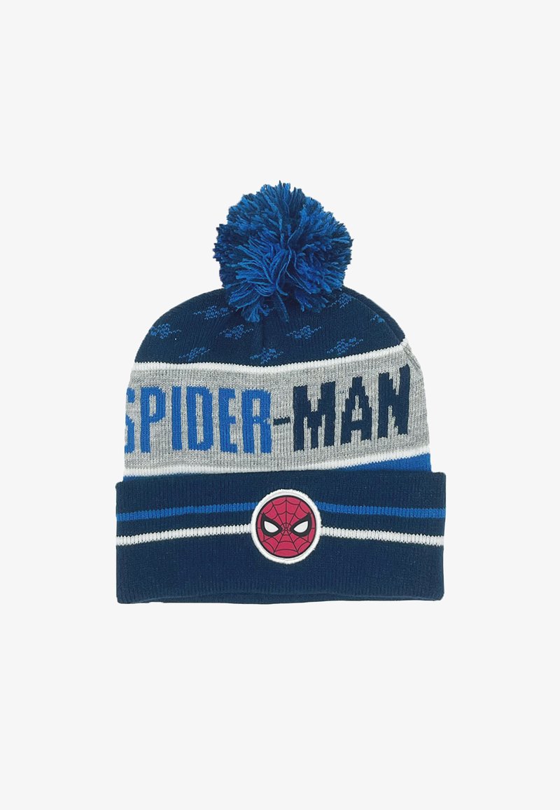 Blue and gray knit beanie featuring a large pom pom, "SPIDER-MAN" lettering, and a circular Spider-Man logo on the front.