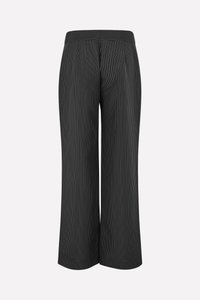 Black wide-leg trousers with white vertical stripes, featuring a flat waistband and two side pockets. Soft fabric with smooth texture.