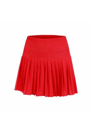 Roter Faltenrock mit breitem, geripptem Bund, kurzer Länge und A-Linien-Form.