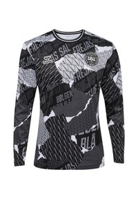 Sportshirt met lange mouwen, voorzien van een zwart-wit geometrisch patroon met verschillende texturen en teksten. Ribboord halslijn en Hummel-logo op de borst.