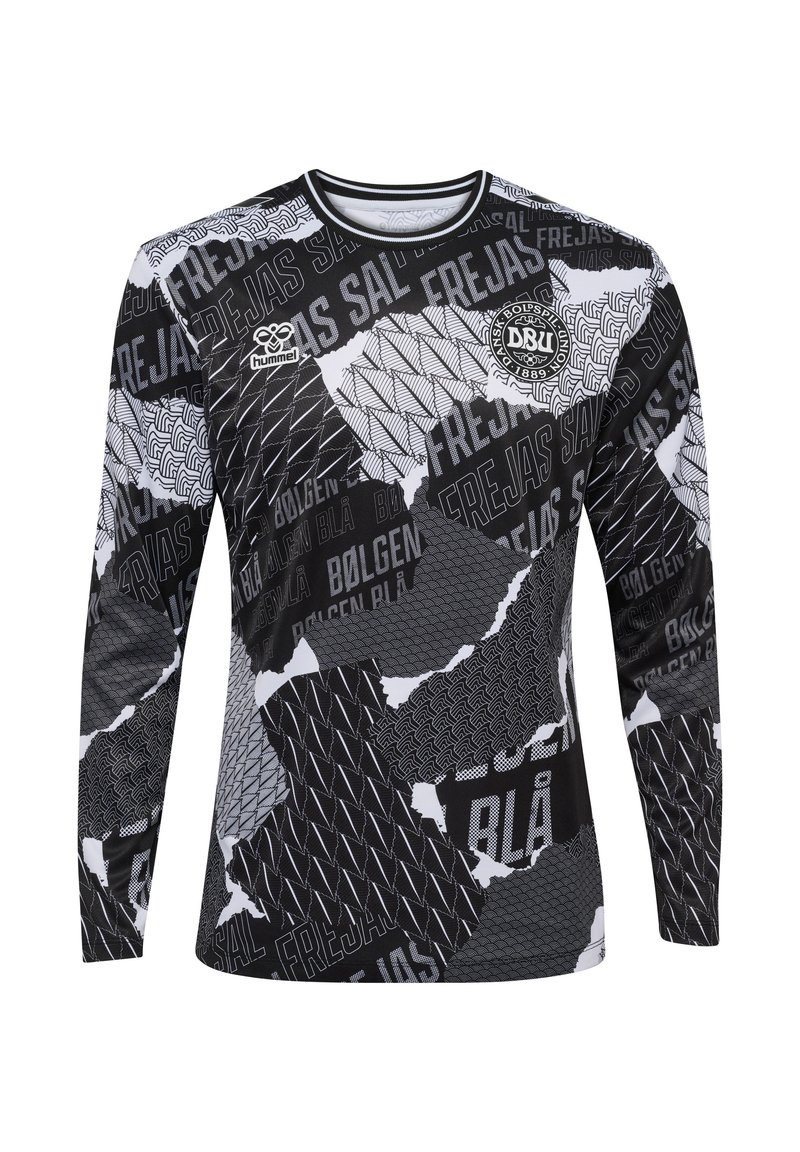 Sportshirt met lange mouwen, voorzien van een zwart-wit geometrisch patroon met verschillende texturen en teksten. Ribboord halslijn en Hummel-logo op de borst.