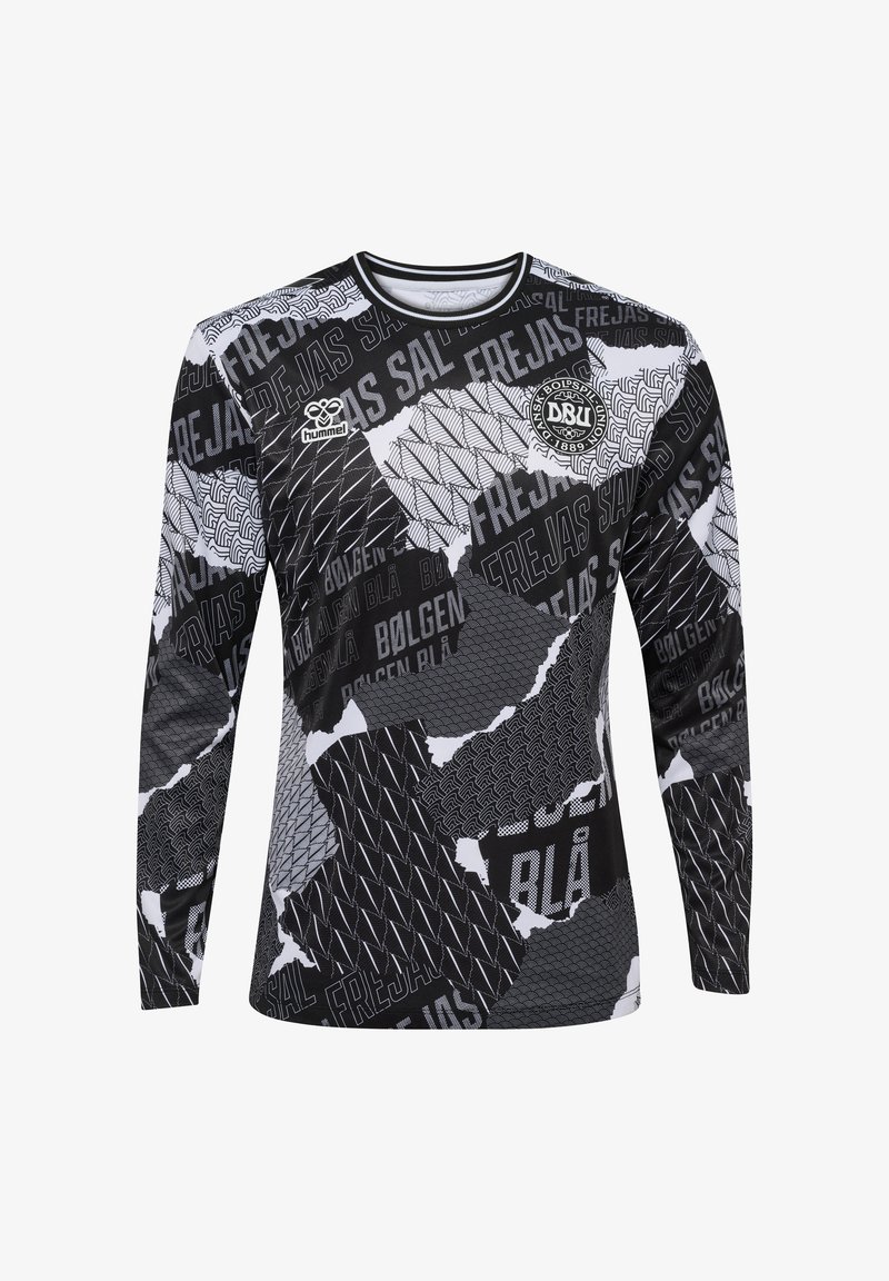 Sportshirt met lange mouwen, voorzien van een zwart-wit geometrisch patroon met verschillende texturen en teksten. Ribboord halslijn en Hummel-logo op de borst.