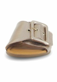 Metallisch roségouden slidesandalen met een brede band, grote rechthoekige gespdetails en een gestructureerde afwerking. Zachte zool in lichtbruin.