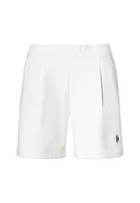 Pantaloni corti bianchi in cotone con una cintura elastica, tasche laterali e un accento logo navy. Presentano un bordo piegato in modo ordinato nella parte inferiore.