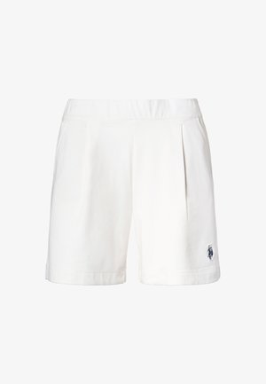 Pantaloni corti bianchi in cotone con una cintura elastica, tasche laterali e un accento logo navy. Presentano un bordo piegato in modo ordinato nella parte inferiore.