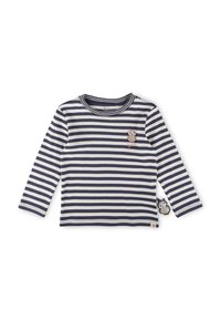 Gestreiftes Langarmshirt in Marineblau und Weiß aus weichem Stoff. Mit einer Eulen-Applikation auf der Brust und einem dekorativen Eulenschild an der Seite.