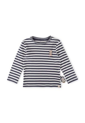 Gestreiftes Langarmshirt in Marineblau und Weiß aus weichem Stoff. Mit einer Eulen-Applikation auf der Brust und einem dekorativen Eulenschild an der Seite.
