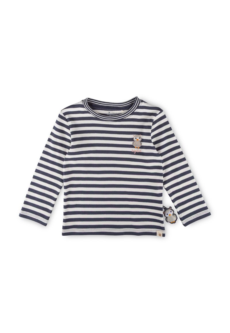 Gestreiftes Langarmshirt in Marineblau und Weiß aus weichem Stoff. Mit einer Eulen-Applikation auf der Brust und einem dekorativen Eulenschild an der Seite.