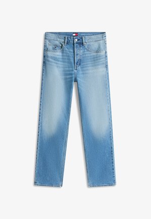 Hele sinised sirge lõikega teksapüksid, millel on klassikaline viie tasku disain, nööbi- ja lukuga sulgemine ning sääreosa õrn tuhmumine.