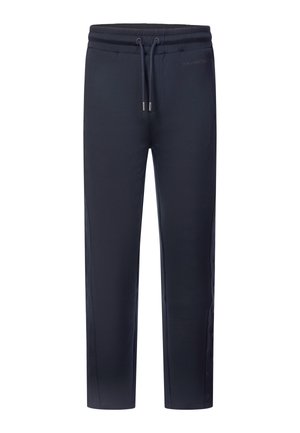 Marineblaue Freizeithose mit Kordelzug in der Taille, elastischem Bund und Druckknöpfen entlang der Außenseite jedes Beins.