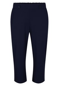 Marineblauwe cropped broeken van zachte stof, voorzien van een elastische tailleband, twee zijzakken en twee voorknopen als accenten.