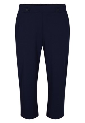 Marineblauwe cropped broeken van zachte stof, voorzien van een elastische tailleband, twee zijzakken en twee voorknopen als accenten.