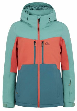 Farbenblockierte Jacke mit hellblauen, korallenfarbenen und dunkelblauen Paneelen, hohem Kragen, verstellbarem Kapuzen, zwei Reißverschlusstaschen und Logodetail.