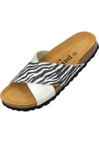 Slippersandalen met een kruissensluiting, gemaakt van lichtgroen leer en een zwart-witte zebraprint paneel, voorzien van een kurken voetbed en een getextureerde zool.