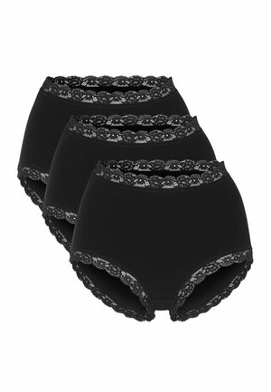 Drie zwarte high-waist slips met bloemrijke kanten afwerking aan tailleband en pijpjes, gepresenteerd op een witte achtergrond.