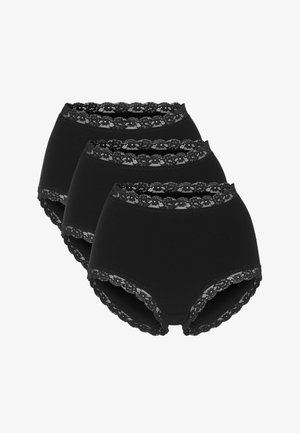 Drei schwarze, hochgeschnittene Slips mit floraler Spitzenverzierung am Bund und an den Beinöffnungen, dargestellt vor weißem Hintergrund.