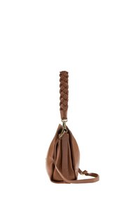 Borsa in pelle marrone con manico intrecciato e tracolla regolabile, mostrata di lato su uno sfondo bianco.