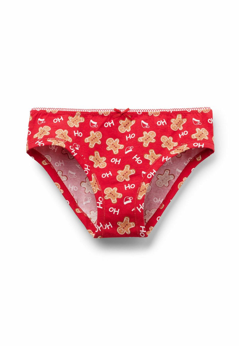 Biancheria intima di cotone rossa con stampa di omino di pan di zenzero e scritta "HO". Vita elastica con un piccolo fiocco decorativo sul davanti. Tessuto morbido.
