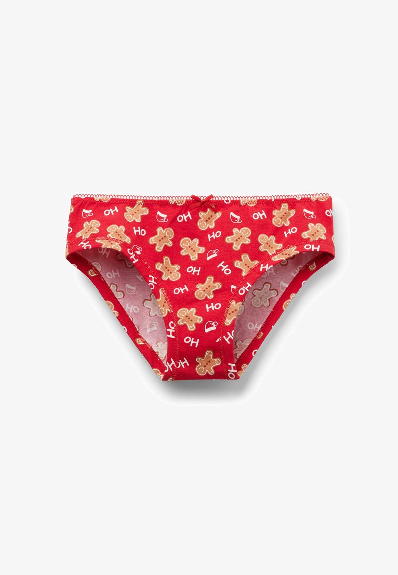 Biancheria intima di cotone rossa con stampa di omino di pan di zenzero e scritta "HO". Vita elastica con un piccolo fiocco decorativo sul davanti. Tessuto morbido.
