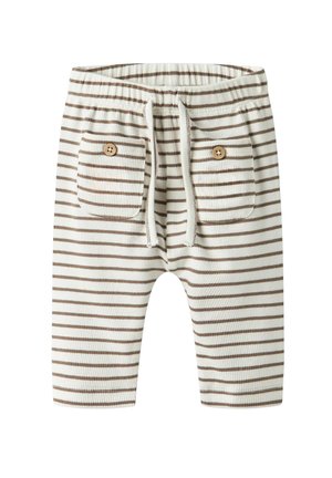 Babybukser med hvide og brune striber, elastisk talje, snøre og to forlommer med knapper.