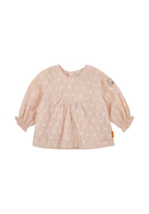 Hellrosa langärmlige Bluse mit strukturiertem Stoff, gerafften Ärmeln und rundem Ausschnitt. Mit dezentem Karomuster und Bärenmotiv.