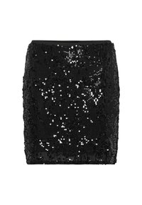 Fekete flitteres mini szoknya, amely testhez álló sziluettel rendelkezik, textúrált felülettel és csillogó részletekkel. Sima derékrész.