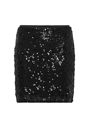 Zwarte pailletten mini-rok met een aansluitende pasvorm, voorzien van een gestructureerd oppervlak en glinsterende accenten overal. Glad tailleband.
