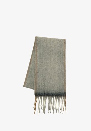 Écharpe en laine d'un vert doux avec un bord contrastant marron, présentant des franges longues et torsadées à chaque extrémité et une finition douce et texturée.