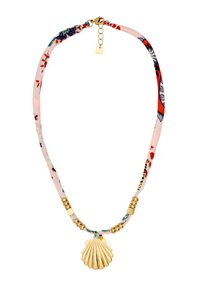 Gul skal pendant halskæde med et flerfarvet blomsterstof bånd og metalperler. Justerbart spænde med et lille mærke.