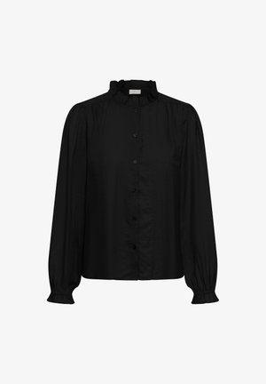 Čierna košeľa na gombíky s volánovým golierom, dlhými rukávmi, zhromaždenými plecami a manžetami. Ušitá z textúrovanej látky.