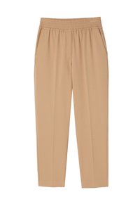 Beige broek met een elastische tailleband, voorzien van zijzakken en een tapse pijpdesign, gemaakt van een zachte, gladde stof.