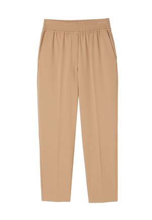Beige pants with an elastic waistband, featuring side pockets and a tapered leg design, made from a smooth, soft fabric.