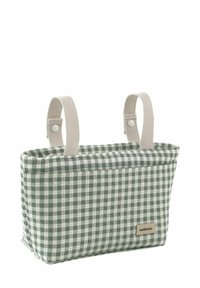 Bolsa de almacenamiento de tela a cuadros verde y blanca con correas ajustables beige y una etiqueta cosida, de forma rectangular y textura suave.