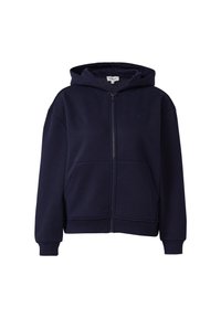 Granatowa bluza z kapturem na zamek, wykonana z miękkiego materiału, z kieszenią z przodu, ściągaczami przy mankietach i sznurkiem w kapturze. Z przodu znajduje się subtelne logo na klatce piersiowej.