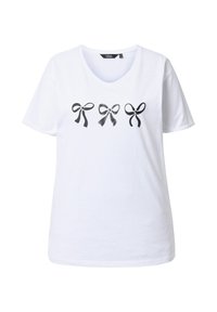 T-shirt en coton blanc avec des manches courtes, ornée de nœuds imprimés noirs sur la poitrine dans différents styles et tailles. Design en V.